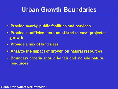 Urban Growth Boundaries: provide nearby public facilities and services, provide a sufficient amount of land to meet projected growth, provide a mix of land uses, analyze the impact of growth on natural resources, boundary criteria should be fair and include natural resources.