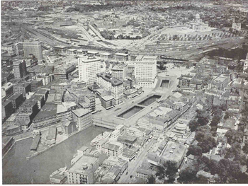 Aerial view of civic center from the southeast, c. 1924.