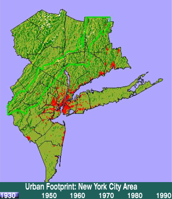 Urban footprint growth for New York City area, 1930-1990