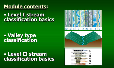 Module Contents: Level I stream classification basics, valley type classification, and Level II stream classification basics