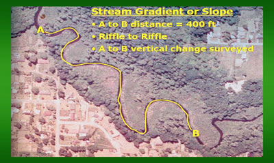 Overhead view of stream in forest showing stream gradient or slope